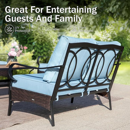 PHI VILLA Wicker & Metal Outdoor 2-Seat Patio Couch,Patio Sofa Loveseat with Deep Seating for Front Porch, Deck, Balcony, Backyard, Sunroom,Blue