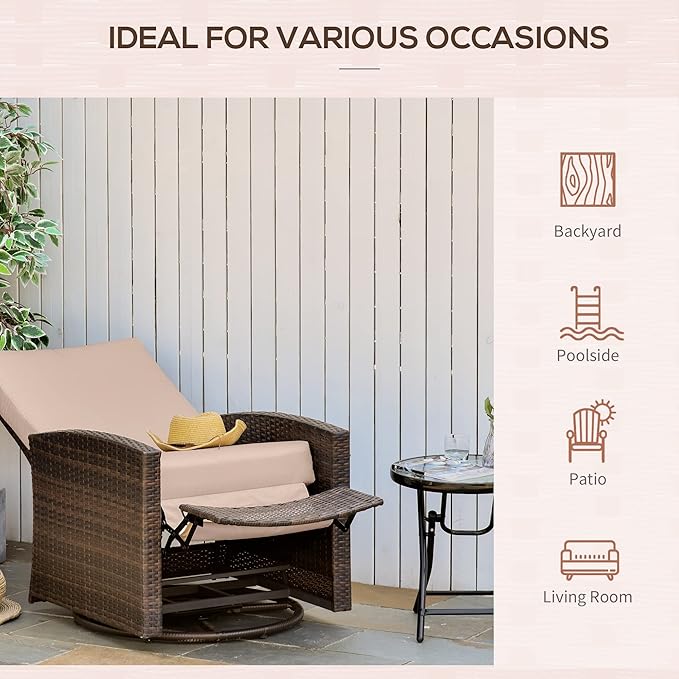 Outsunny Outdoor Wicker Swivel Recliner Chair, Reclining Backrest, Lifting Footrest, 360° Rotating Basic - Photo 7