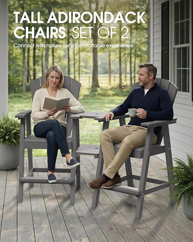 Tall Adirondack Chairs Set of 4, HDPE High Adirondack Chairs with Double Removable Trays, All Weather Outdoor Barstools for Patio, Balcony, Backyard, Deck and Garden, Grey