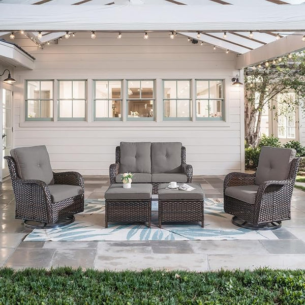 Belord 5 Piece Wicker Patio Furniture Set, Outdoor Swivel Rocker Chairs Set of 2 with Ottomans and Loveseat - Photo 1
