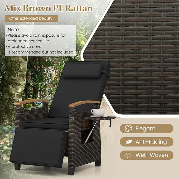 Tangkula Patio Wicker Recliner Chair, Rattan Lounge Chair w/Adjustable Backrest & Footrest, Flip Side Table - Photo 7