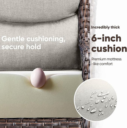 Swivel Patio Chairs sofa Set of 5 with 6" Thick Cushion - Wicker Outdoor Swivel Rocker Patio Chair ,Sofa/Glass coffee table, High Back Comfortable Outdoor Glider Chairs - Brown Wicker | Beige Cushions
