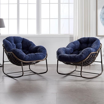 HOMEFUN Outdoor Patio Rocking Chairs Set of 2, Oversized Papasan Rock Chair Indoor with Striped Velvet Padded Cushion - Rocker Egg Seat for Front Porch, Garden, Patio, Backyard Navy