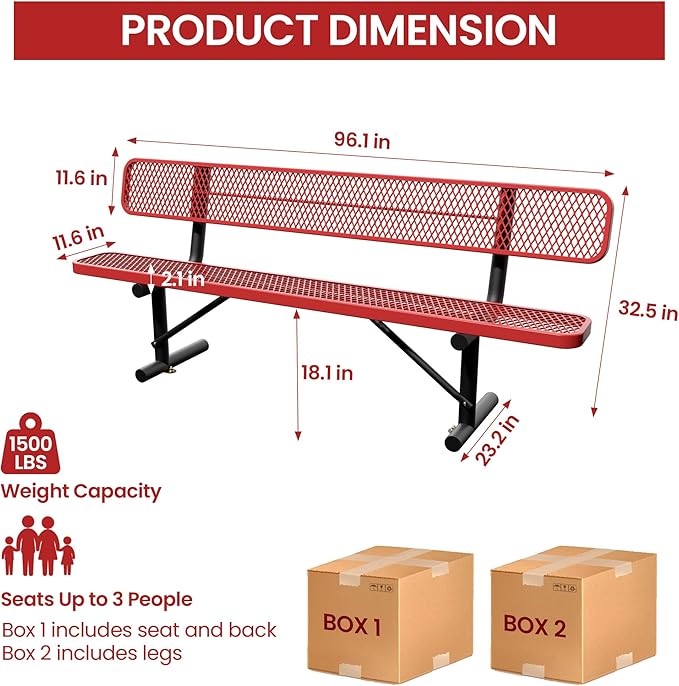 8 Feet Steel Park Bench for Outside, Outdoor Bench with Backrest & Portable Frame, Commercial Benches for Shopping Malls, Stores, Parks, Patios, Decks, Red