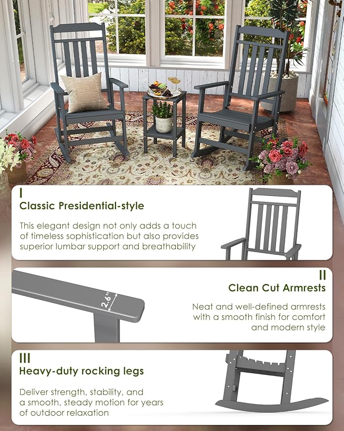 GREENVINES Outdoor-Rocking-Chair | HDPE Plastic | Patio Rockers | Porch Rocker Chairs | Oversized | High Back | Big & Tall | Grey