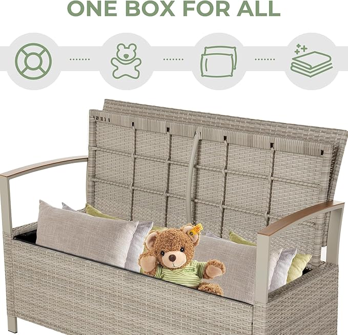 Grand patio Outdoor Storage Bench Deck Box with Olefin Cushion, Wicker Deck Box with Water Resistant Bag, Outdoor Seating for Front Porch, Store Garden Tools and Pool Storage (Grey)