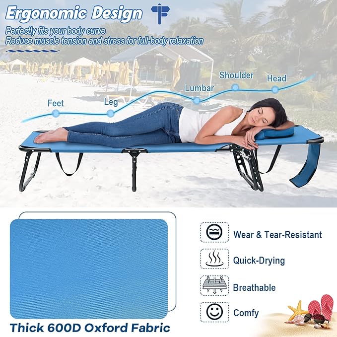 HAPPYGRILL 2PCS Foldable Beach Chaise Lounge Chair with Face Hole & Detachable Pillows - Photo 8