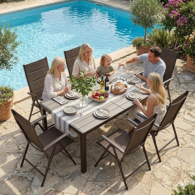 Kozyard Outdoor Patio Dining Table for 6, Rectangular 35.6" x 58.9" Metal Table with Wood-Look Tabletop, Weather-Resistant Frame for Backyard, Porch, Deck, Garden, Brown