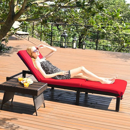 Tangkula Rattan Wicker Chaise Lounge Chair, Outdoor Patio Lounger Recliner Chair w/Adjustable Backrest, Heavy-Duty Reclining Chair Sunbed with Thick Zippered Cushion for Garden Yard Patio (2, Red)