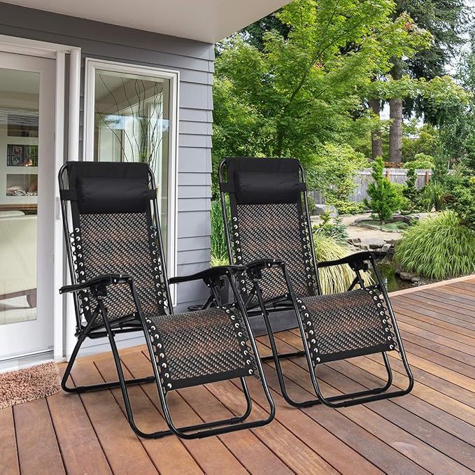 Tangkula Patio Rattan Zero Gravity Lounge Chair, Outdoor Folding Lounge Chair w/Removable Head Pillow, Adjustable Lounge with Widened Armrest & Locking System for Balcony Yard Poolside (2, Brown)