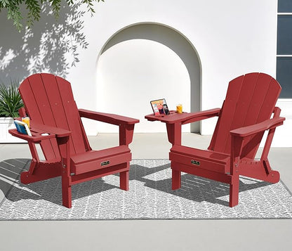 SERWALL Folding Adirondack Chair Set of 2, Outdoor Adirondack Chairs with 4 in 1 Cup Holder, Wood Texture Patio Chairs, Weather Resistant Fire Pit Chairs for Patio Deck Garden, Backyard - Red