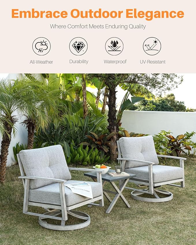 3 Pieces Outdoor Patio Bistro Set, Aluminum Swivel Chairs Patio Furniture Set with Thick Cushions, All Weather Patio Conversation Set with Side Table for Backyard, Balcony, Lawn, White Oak