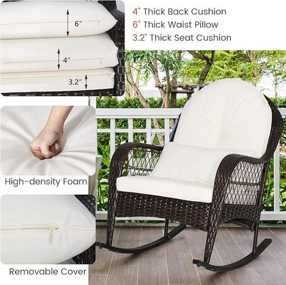 ORALNER Patio Wicker Rocking Chair, Outdoor PE Rattan Rocker with Seat and Back Cushion, Waist Pillow, Armrests, Garden Chair for Porch, Backyard, Poolside, Deck (1, Off White)