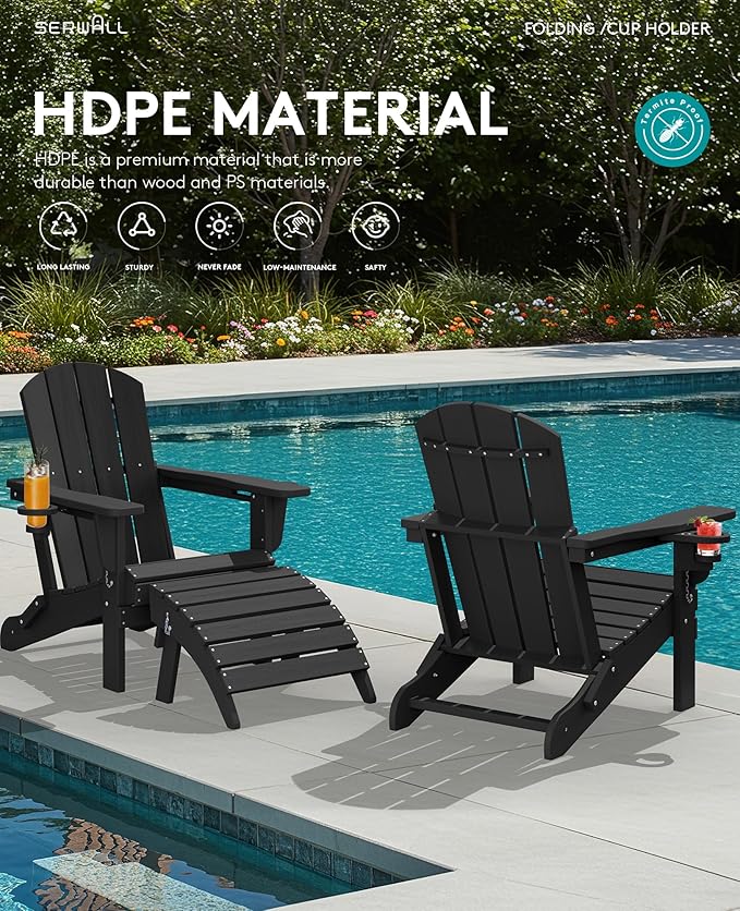 SERWALL Folding Adirondack Chair, Dual Cup Holders, Wood-Like Patio Chair for Backyard, Camping，Pool & Fire Pit- Black