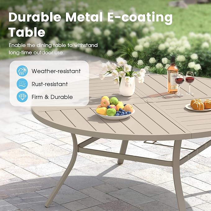 Patio Dining Table for 8-10, Round Metal Outdoor Table with Storage Shelf, 1.57" Umbrella Hole, 63" Outdoor Quartered Tabletop Dining Table for Backyard, Porch, Lawn, Sand