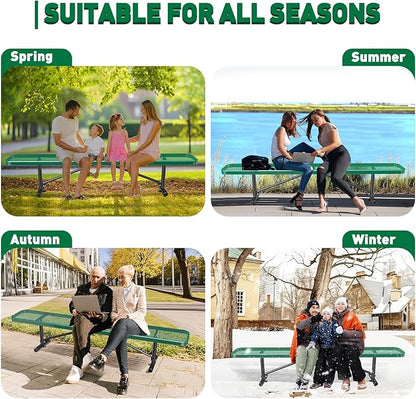 Thermoplastic Coated Iron Park Bench for Outside, Heavy Duty Metal Garden Bench, Expanded Commercial Grade Seating for Shopping Malls, Lawn Yard Porch Entryway (Green without Backrest, 96IN)