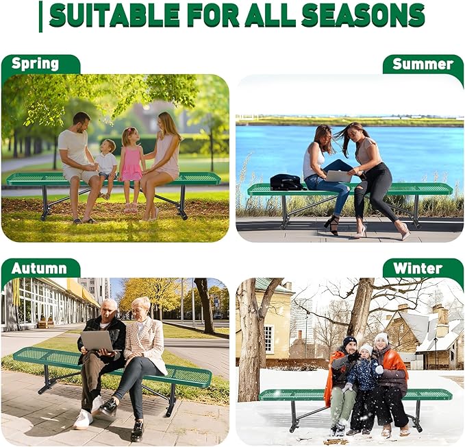 Heavy Duty Outdoor Metal Garden Park Bench, Steel Picnic Bench, Metal Mesh Outdoor Bench Porch Chair for Garden, Lawn, Patio, Porch, Park, Yard, Patio (Green, 8FT)
