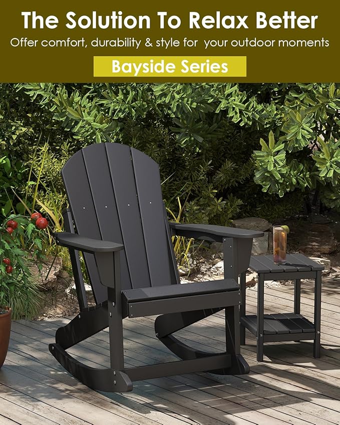 GREENVINES Adirondack Rocking Chairs Set of 2 | HDPE Plastic | Porch Rocker | Chair for Patio Outdoor Deck | All Weather | Black