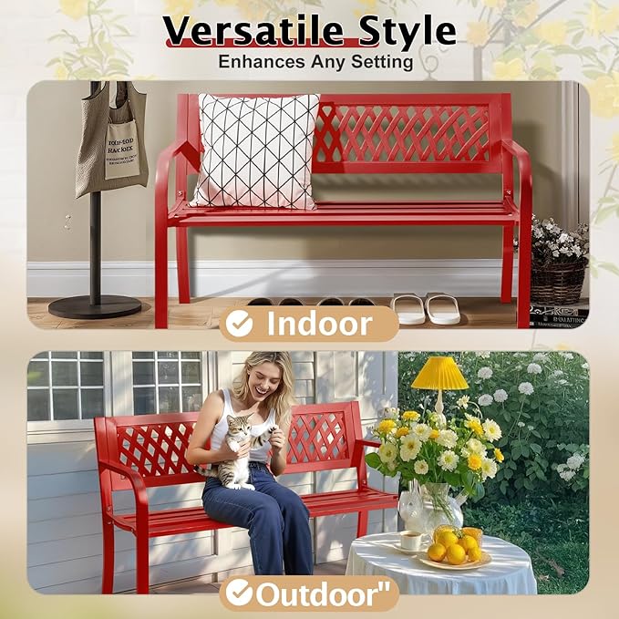 Outvita Outdoor Bench, 47" Iron Steel Frame Garden Bench with Mesh Pattern and Plastic Backrest Armrests, Patio Bench for Garden Park Yard Front Porch Patio, Red