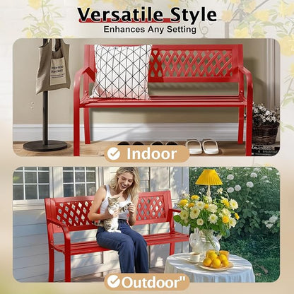 Outvita Outdoor Bench, 47" Iron Steel Frame Garden Bench with Mesh Pattern and Plastic Backrest Armrests, Patio Bench for Garden Park Yard Front Porch Patio, Red