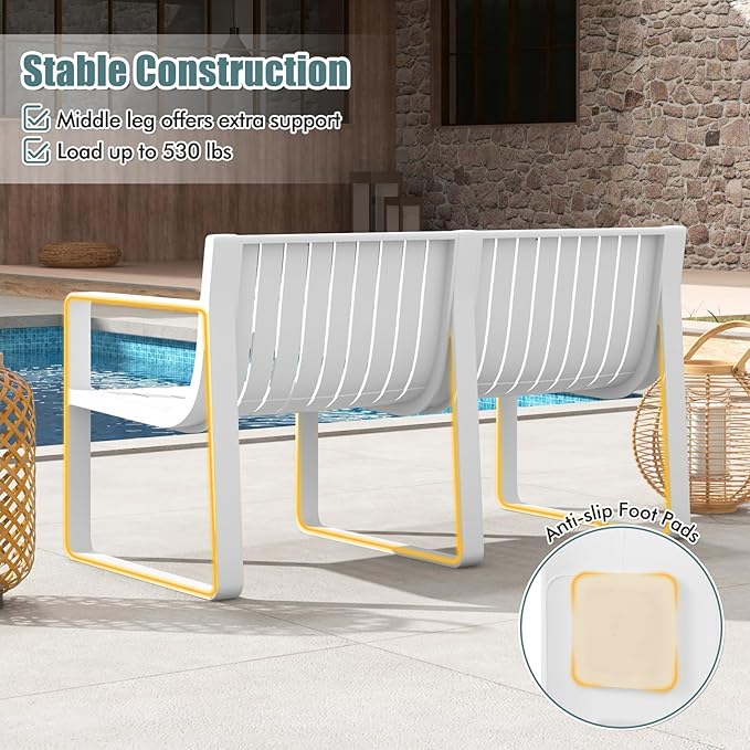 Tangkula Patio Loveseat, Weather-Resistant Plastic 2-Person Bench with Curved Backrest, Outdoor Conversation Furniture with Slatted Design for Patio, Poolside, Backyard, Garden, Deck, Lawn (White)