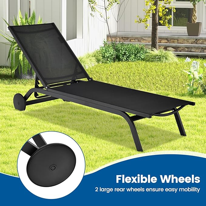 COSTWAY 2 PCS Outdoor Patio Chaise Lounge, 6-Position Adjustable Pool Lounger with Stable Aluminum Frame, Portable Sun Bathing Lounge Chair on Wheels for Backyard Garden, Black