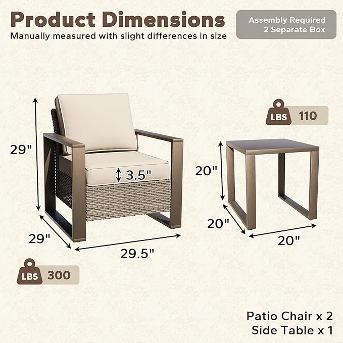 Outdoor Wicker Metal Chairs Set of 2 with Matching Side Table - 3 Pieces Patio Bistro Set with Removable Olefin Fabric - Photo 2