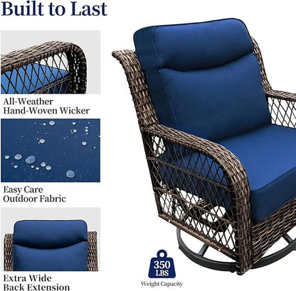 PIZZELLO Outdoor Swivel Rocker Chairs 6 Pieces Wicker Swivel Patio Chair with Rattan Side Table, 5" Extra Thick Cushions and 25" Full Support Back, Patio Furniture Set for Outside Porch Deck