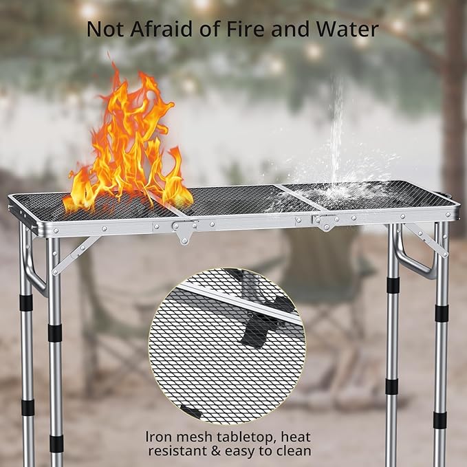 Anbte 3ft Folding Grill Table with Storage Bag, 3 Adjustable Height 27.5" Aluminum Portable Grill Table, Heat Resistant - Photo 4
