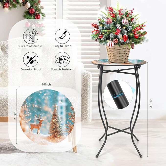 21" H Metal Side Table, Unique Christmas Tabletop with Metal Frame, Round End Bedside Table Accent Table for Bedroom Patio Yard Porch Balcony Garden