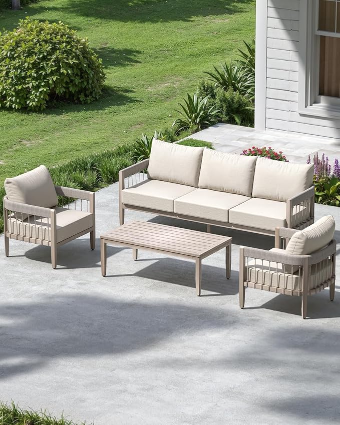 3-Seater Outdoor Aluminum Sofa, Never-Rust Patio Sofa Couch with Faux Wood Grain Finish Frame, Rope Weave Outdoor Sofa - Photo 2