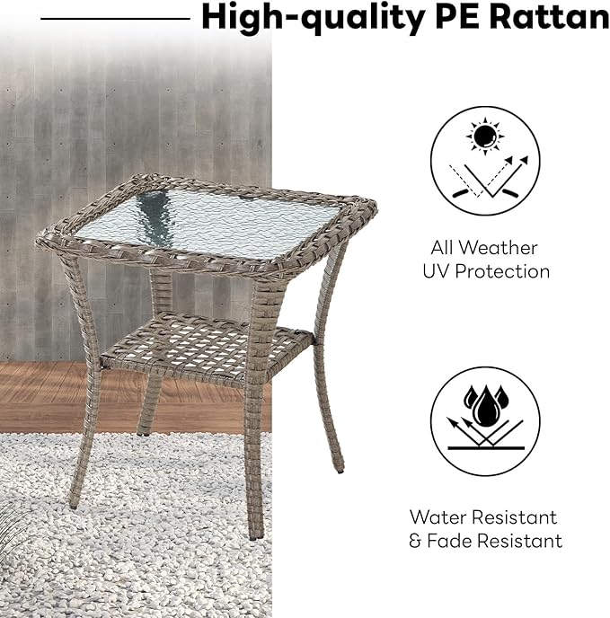 Belord Handwoven Wicker Side Table - 20 Inch Small Outdoor Table 2 Tier Storage with Tempered Glass Top - Photo 4