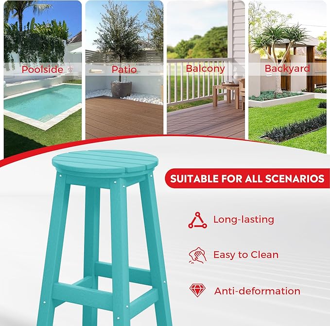 Costaelm 29" Height Outdoor Bar Stools, All-Weather Bar Stools, Adirondack Poly Patio Round Bar Stool for Patio, Deck, Kitchen Counter and Garden, Turquoise