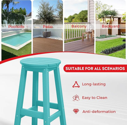 Costaelm 29" Height Outdoor Bar Stools, All-Weather Bar Stools, Adirondack Poly Patio Round Bar Stool for Patio, Deck, Kitchen Counter and Garden, Turquoise