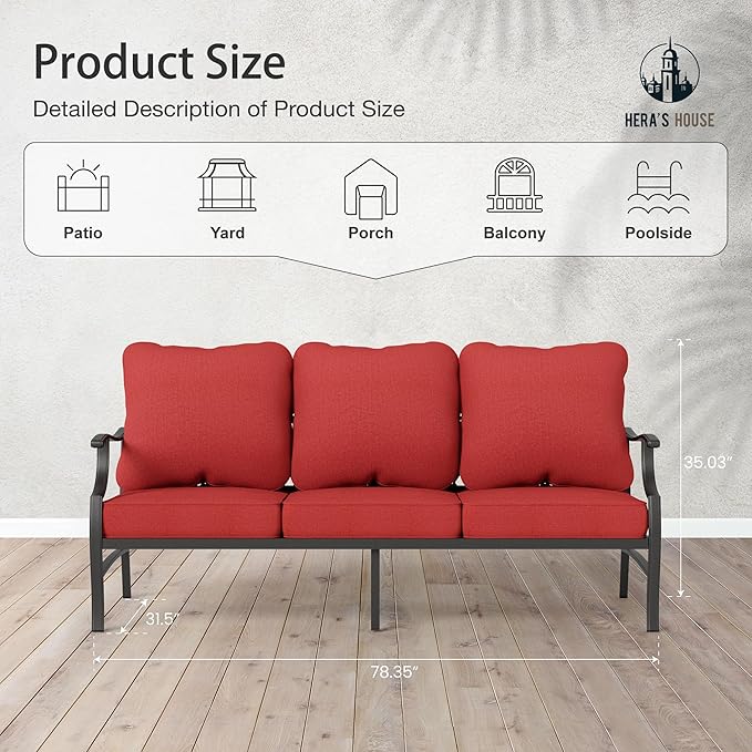 HERA'S HOUSE Patio Furniture Sofa, All-Weather Outdoor 3 Seats Couch, Outdoor Patio Couch with Deep Seating and Olefin Cushions for Lawn Garden Backyard, Red