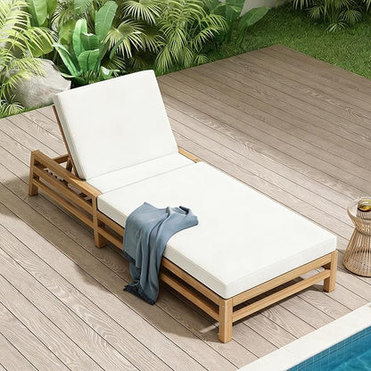 Merax Patio Chaise Lounge Chair, Adjustable Lounge Chair Outdoor with 5 Positions, 27.9" W Acacia Wood Patio Lounge Chair with Thick Cushions for Pool Deck Balcony Garden, All-Weather, Light Teak