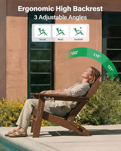 YEFU Folding Adirondack Chair for Outdoor: Plastic Foldable Fire Pit Chair with Cup Holders & Adjustable Backrest - Sturdy All-Weather HDPE for Outside Patio Poolside - Easy Assembly(Teak)