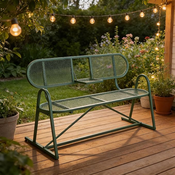 Outdoor Bench, Metal Mesh Garden Bench with Foldable Middle Table, 55" Weather Resistant Patio Park for 2-3 People, Decorative Porch Chair for Yard, Deck, and Lawn, Sage Green