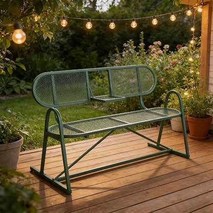 Outdoor Bench, Metal Mesh Garden Bench with Foldable Middle Table, 55" Weather Resistant Patio Park for 2-3 People, Decorative Porch Chair for Yard, Deck, and Lawn, Sage Green