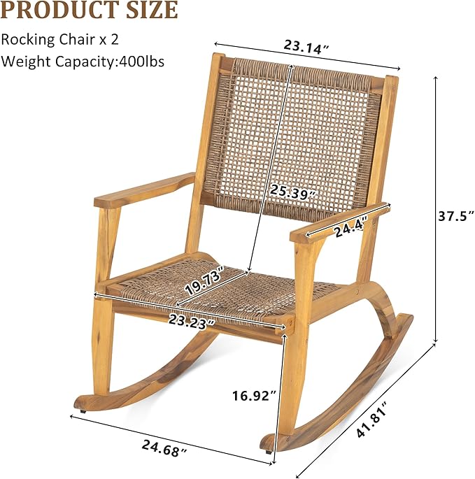 2 Piece Patio Rocking Chair Set, Acacia Wood Outdoor Rockers with PE Rattan Seat and Backrest, Comfortable Garden Porch Chairs for Backyard, Balcony and Poolside, Natural