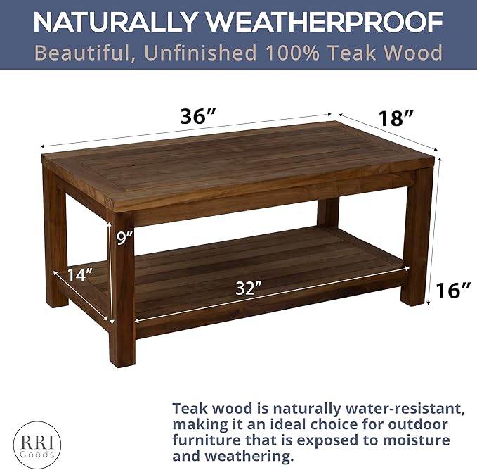 Teak Wood Coffee Table with Storage - Teak Oil Finished Indoor & Outdoor Furniture for Deck, Porch, Balcony, Living Room, Bedroom & Backyard (36" D x 18" W x 16" H)