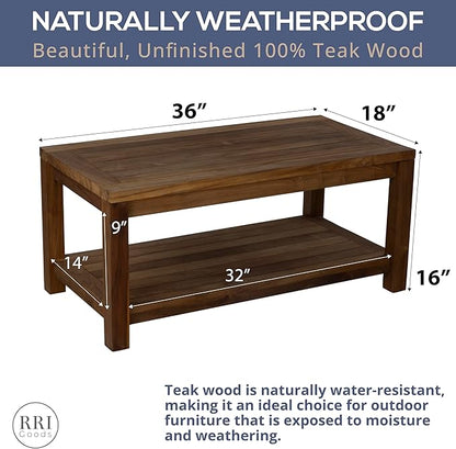 Teak Wood Coffee Table with Storage - Teak Oil Finished Indoor & Outdoor Furniture for Deck, Porch, Balcony, Living Room, Bedroom & Backyard (36" D x 18" W x 16" H)