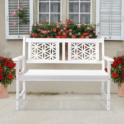 VINGLI 47" Outdoor Wood Bench, All Weather Outdoor Wooden Patio Garden Bench, Outside Loveseat 660lbs Capacity for Front Porch Park Entryway (White)
