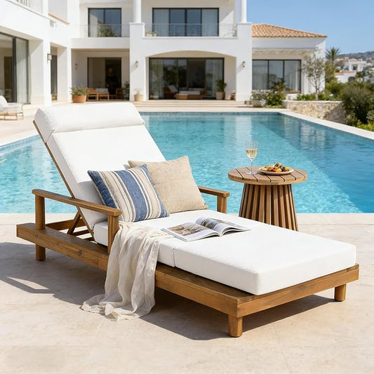 Christopher Knight Home Tuki Acacia Wood Chaise Lounge Chair Outdoor, Poolside Sun Lounger Recliner, Outdoor Chaise Lounge with 4-Fold Cushions, Adjustable Backrest Single Lounge Sofa, Cream+Teak