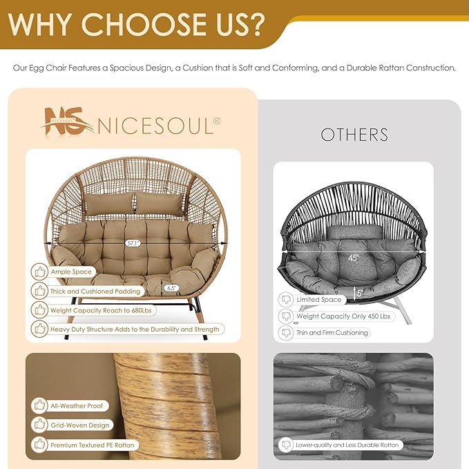NICESOUL® Double Egg Chair Indoor Outdoor Stationary Oversized Thicken Padded Cushions, 2 Person Egg Loveseat Chair - Photo 8