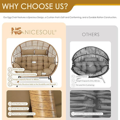 NICESOUL® Double Egg Chair Indoor Outdoor Stationary Oversized Thicken Padded Cushions,2 Person Egg Loveseat Chair, Extra Large Lounge Chair for Patio Balcony Porch Brown