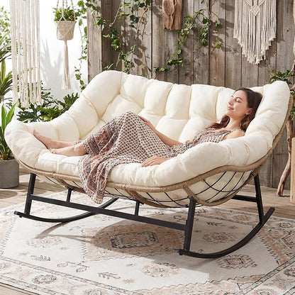 NICESOUL Outdoor Double Egg Rocking Chair, Oversized 2 Person Wide Papasan Rocker, Comfy Padded Recliner Loveseat, 700 lbs Heavy Duty Glider Lounge Chair with Cushion for Outside Backyard Porch, Beige