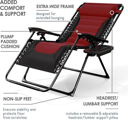 Nestl Outdoor Padded Zero Gravity Chair Set of 2, Patio Lounge Chair Outdoor Recliner, Oversized Anti Gravity Lounger with Adjustable Headrest and Cup Holder, Foldable for Camping - Black/Burgundy