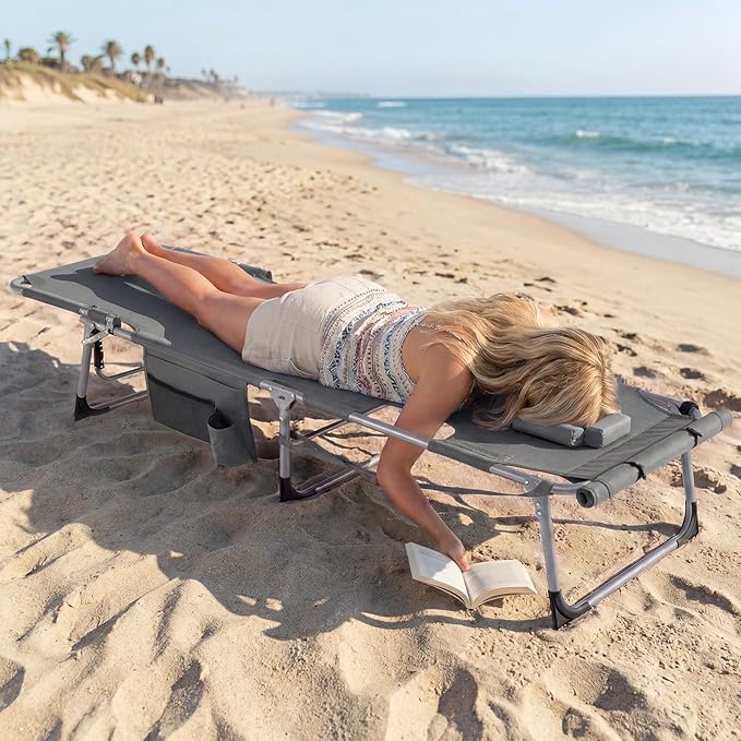 Goplus Tanning Chair with Face Arm Holes, Portable Sunbathing Chair w/4-Level Backrest, Head Pillow - Photo 2
