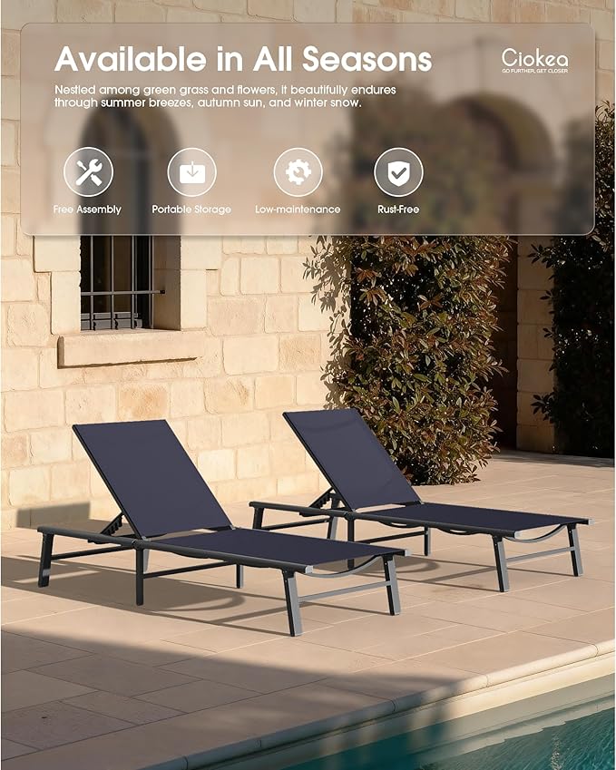 Ciokea Foldable Outdoor Lounge Chair, No Assembly Patio Chaise Lounge Outdoor with 5-Positions, Aluminum Pool Lounge Chair with Portable Design for Pool, Beach, Deck, Backyard, Navy Blue